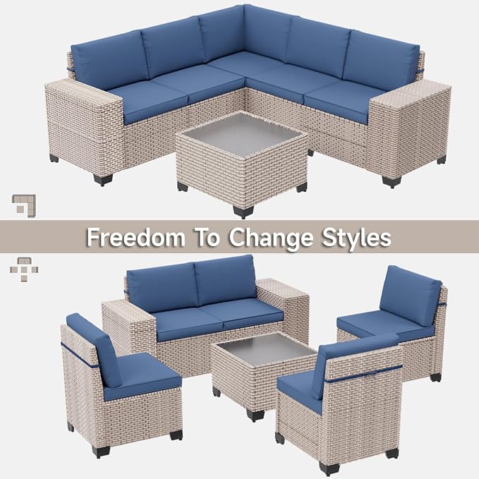 12-Piece Outdoor Patio Furniture Set, Modular Sectional Sofa Set with Glass Coffee Table and Cushions, Wicker Outdoor Couch Conversation Sets, Blue