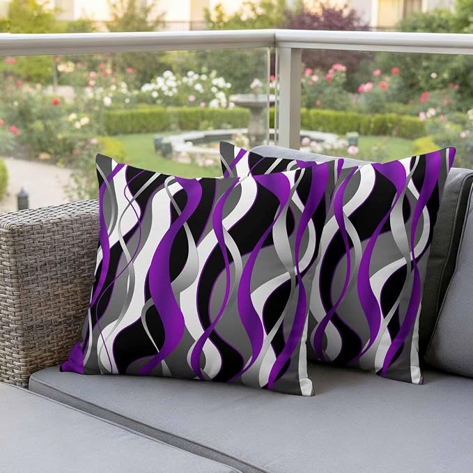 Outdoor Pillow Covers Set of 2, Modern Purple Grey Black Stripes Decorative Throw Pillow Covers 16X16IN, Gradient Abstract Art Throw Pillows Protector Cushion Case for Patio,Couch,Sofa,Garden