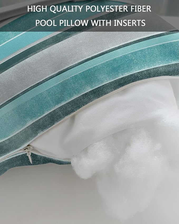 Outdoor Pillows Covers with Inserts Teal Stripes Watercolor Northern Europe Style Waterproof Recliner Pillow with Adjustable Strap Throw Pillows for Patio Furniture Pool Lounge Chair, 11x16 inch, 1PCS