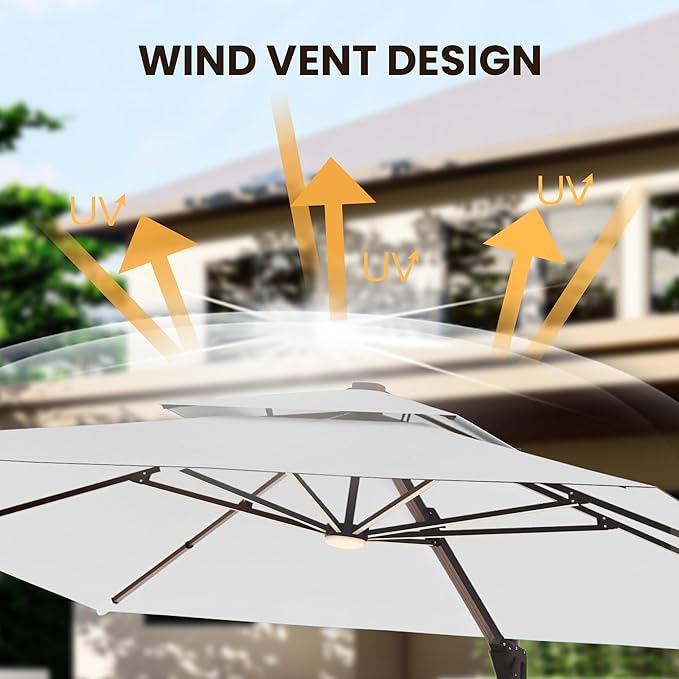 9 X 12 FT Cantilever Patio Umbrella with Led Lights and Base Included Outdoor Heavy Duty Double Top Rectangle Offset Umbrellas with 360-degree Rotation for Pool Deck Backyard, Foggy Grey