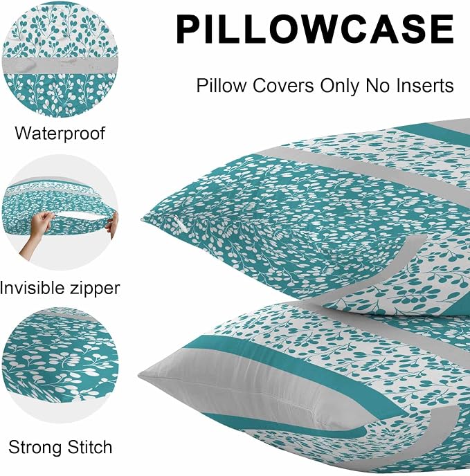 Teal Floral Outdoor Pillow Covers 20x12 Inch Lumbar Pillow Covers Set of 2 Waterproof Decorative Throw Pillow Cases Botanical Blossom Motif Boho Grey Stripes Cushion Covers for Patio Furniture Garden
