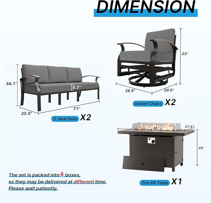 Gotland Aluminum Patio Furniture Set with Fire Pit Table, Metal Patio Furniture with 2 Swivel Rocking Chairs Waterproof 5.1'' Seat Cushions, Oversized Outdoor Sectional for Garden Balcony Porch Gray