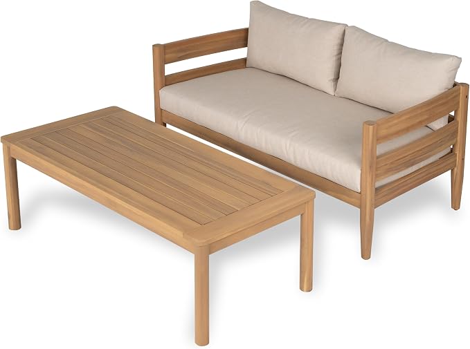 Christopher Knight Home Kory 5-Piece Acacia Wood Patio Furniture Set, Outdoor Conversation Sofa Chat Set with Club Chair and Coffee Table, Patio 7-Seater Seating Group for Backyard Balcony, Teak+Beige