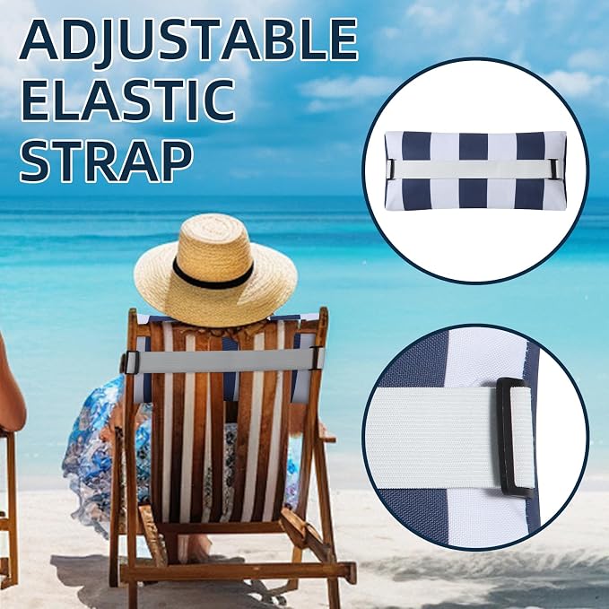 Outdoor Pillow for Chaise Lounge Chair, 2pcs Striped Chaise Lounge Pillows, Adjustable Strap Head Lumbar Pillow for Patio Pool Beach Office, Navy