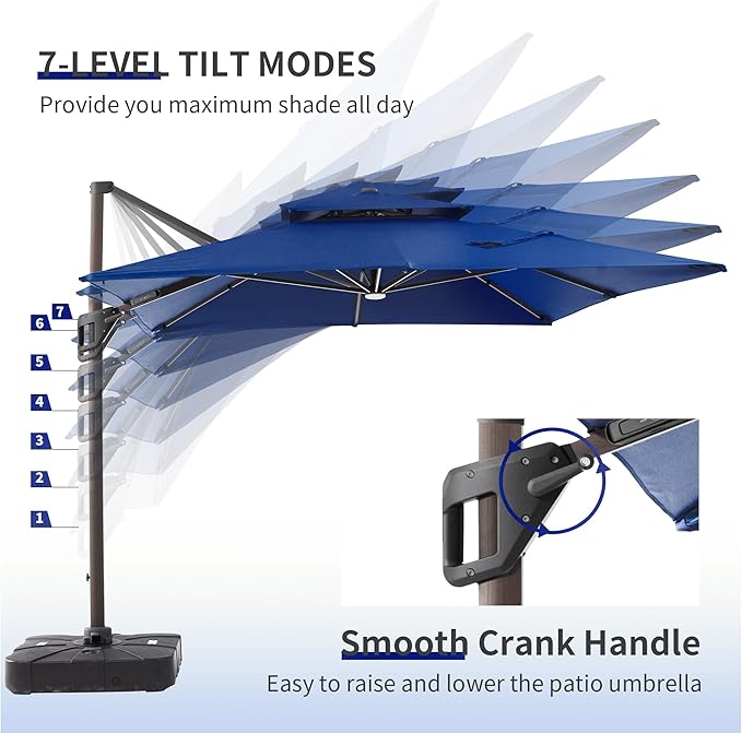 JZAC & QZYD 9x12 FT Outdoor Cantilever Patio Umbrella with Base Included and LED Lights, Large Heavy Duty 2-Tier Aluminum Offset Umbrellas with 360-Degree Rotation for Pool Deck, Navy