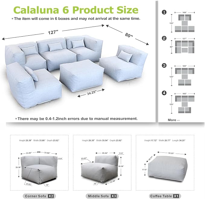 ANNYH CALALUNA 6Pc PATIO Furniture Sectional Conversation Set. Combines 3Middle, 2Corner, 1Ottoman/Coffee OUTDOOR Exp Foam Filled CHAIRS. A UNIQUE Modular Contemporary Sofa Could Gray (Cloud Gray)