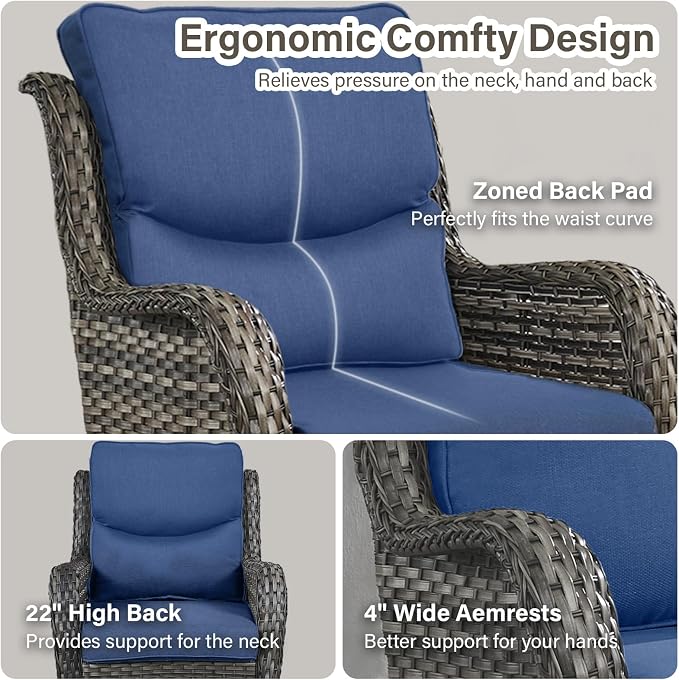 Outdoor Swivel Rocker Patio Chairs Set of 5 with Loveseat - 5" Thick Cushion 5 Piece Furniture Set with Sofa All Weather Wicker Conversation Set for Porch Deck - Grey Wicker | Blue Cushions