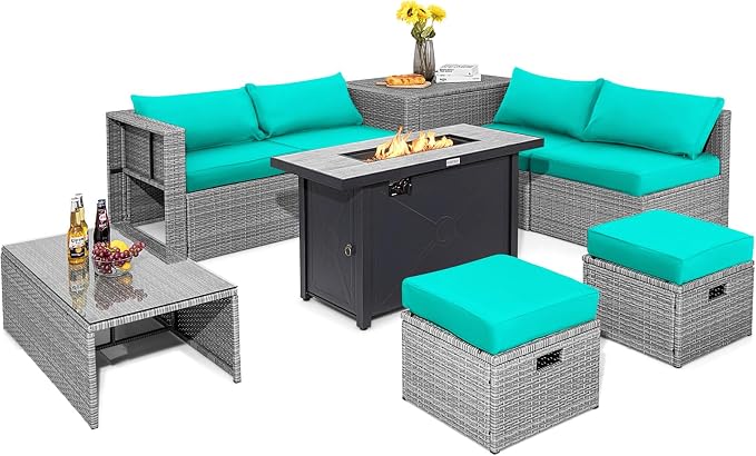 Tangkula 9 PCS Patio Furniture Set with 42” 60,000 BTU Fire Pit, Outdoor Space-Saving Sectional Sofa Set with Storage Box, Waterproof Covers Included