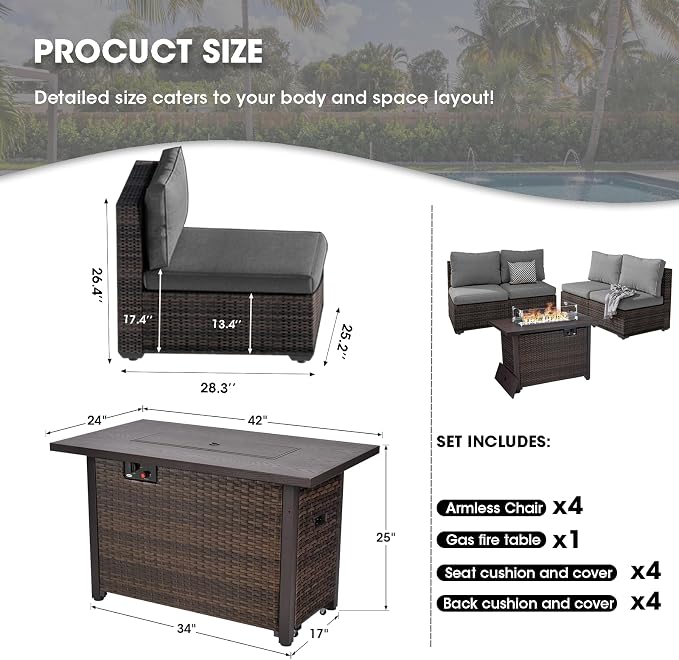 5 Piece Patio Furniture Set with 44" Fire Pit Table, Outdoor Sectional Couch, PE Rattan Patio Conversation Sets with 4inch Cushions for Backyard Grey