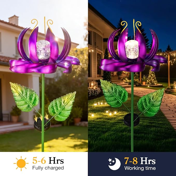 Solar Yard Lights Wind Spinners- Metal Lotus Flower Garden Decor LED Crackle Glass Globe Yard Art Sculpture Solar Stake Lights for Patio Pathway Lawn Walkway (Purple-Large)