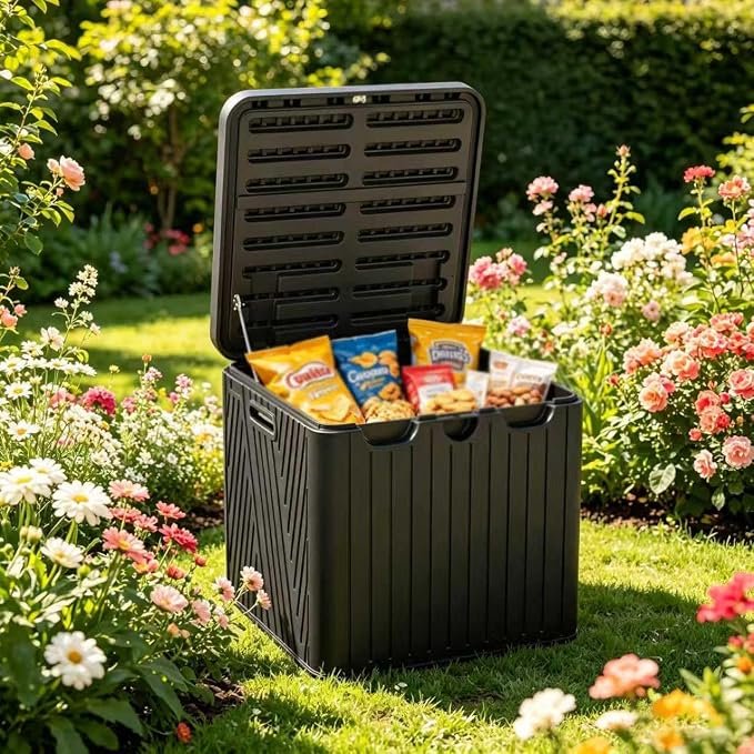 110 Gallon Outdoor Storage Deck Box, Resin Deck Boxes with Handle, Waterproof & Lockable for Patio Furniture, Home Storage, Garden & Pool Tools -Swimming Pool, Black
