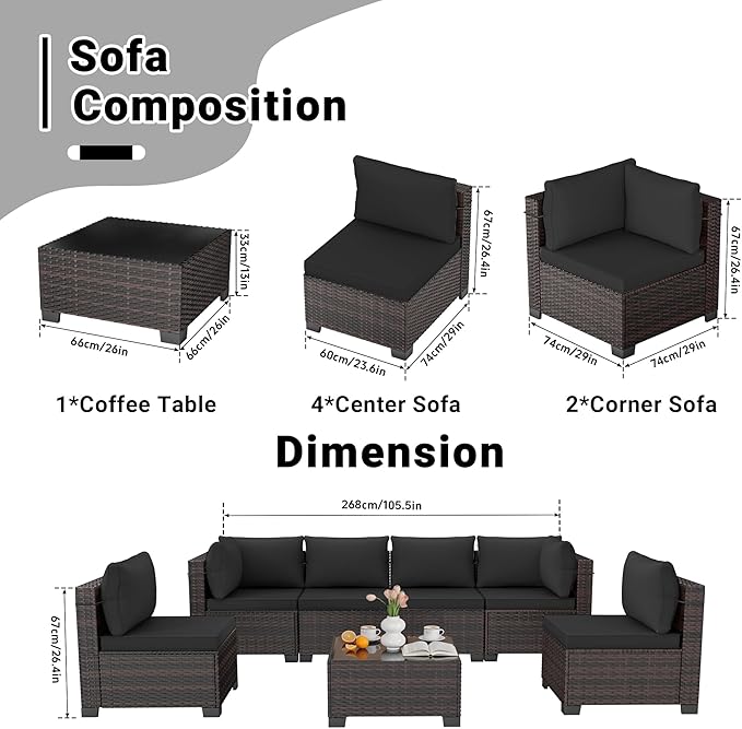 CHABATREE 7-Piece Outdoor Patio Furniture Sets, Manual Weaving Rattan Conversation Sectional Sofa with Tempered Glass Coffee Table, All-Weather PE Wicker & Thick Cushions for Garden, Backyard, Porch