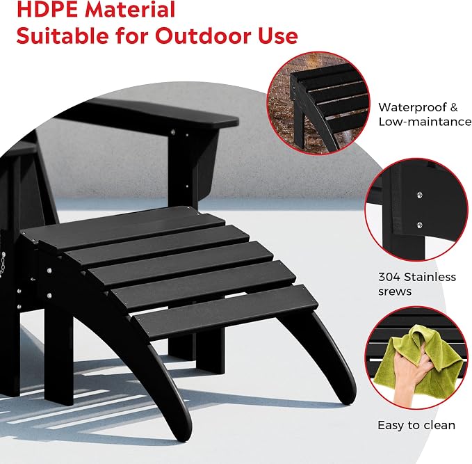 Costaelm Lakeview 3-Piece Adirondack Chair with Cup Holder and Folding Ottoman and Table Set, Black