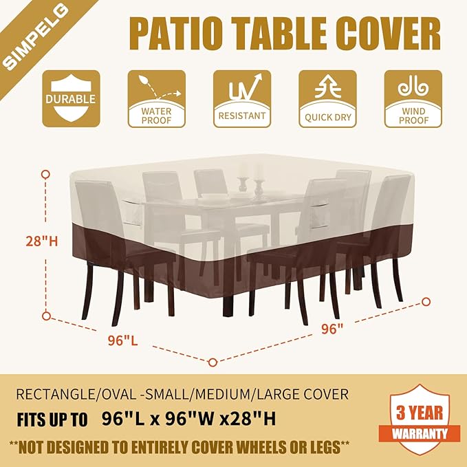 Patio Furniture Covers, Outdoor Protect Waterproof Covers General Purpose Outside Table and Chair Cover Heavy Duty Oxford Patio Cover, 96"L x 96"W x 28"H (Beige & Brown)