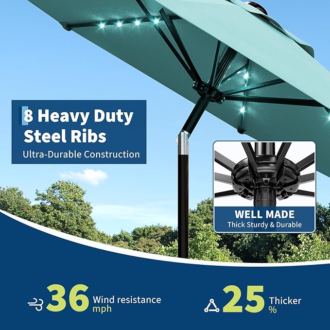 Garvee 9/10 FT Solar Patio Umbrella with 32 LED Lights - Outdoor Table Umbrella with Crank Lift, Push Button Tilt and 8 Sturdy Ribs - Market Umbrella UV Protection for Pool, Deck, Yard, Garden