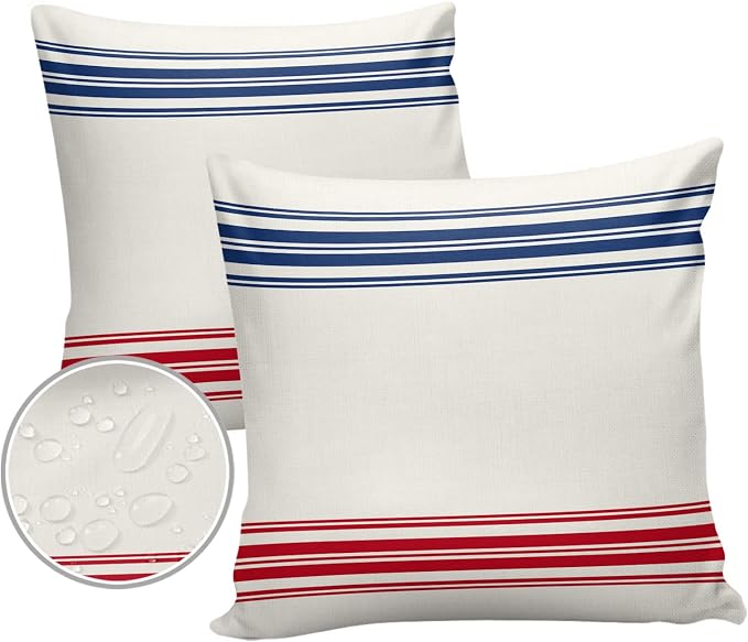 Outdoor Waterproof Pillow Covers Set of 2, Independence Day Flag Day Blue Red Stripe Vintage Patio Throw Pillow Covers, Decorative Cushion Case for Couch Sofa Furniture Garden, 24x24 Inch