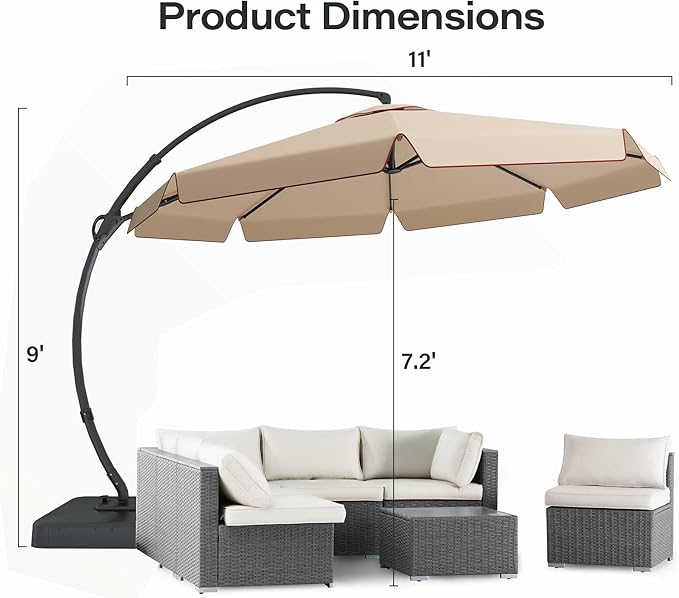 LAUSAINT HOME 11ft Patio Cantilever Umbrella with Base Included, Outdoor Curvy Round Offset Umbrella, Heavy Duty Aluminum, 360° Rotation for Pool, Deck, Lawn, Backyard, Beige Lotus Wave