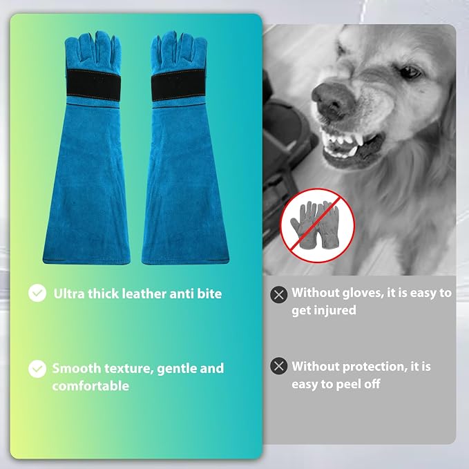 23.43" Animal Handling Gloves,Cowhide Bite Proof, Fits Dogs/Cats | 23.43" Extra Long Forearm Protection, Snake & Scratch Resistant, Reinforced Leather, Fits Reptiles, Birds & Falconry