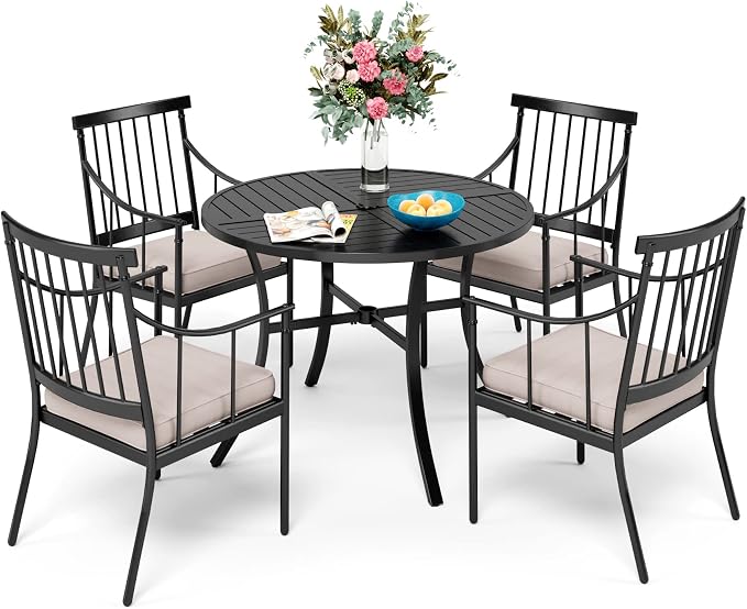 Sophia and William Patio Dining Set, 5 PCS | E-Coated and Steel, Rectangle Table, Straight Legs Chairs, 1.57" Umbrella Hole, Weather-Resistant, Easy to Clean