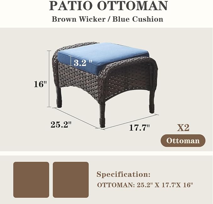 Belord Outdoor Ottomans for Patio Foot Rest - 25 Inch PE Wicker Foot Stool Set of 2 for Patio Furniture Sets,All Weather Rattan Ottoman for Balcony Deck Backyard Brown