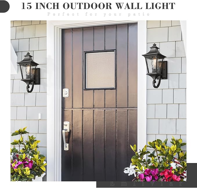 Emliviar 2 Pack Modern Outdoor Wall Sconces, 15" Exterior Lighting Fixtures with Water Ripple Glass for Porch, Black Finish, XE292UB-2PK-SW BK