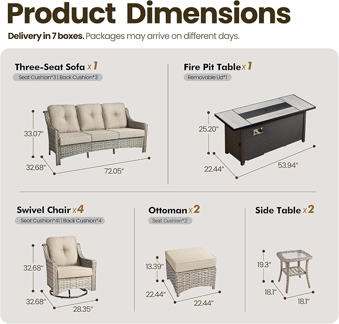 10 Piece Patio Furniture Set with Fire Pit Table, Outdoor Wicker High Back Sofa and Swivel Rocker Chairs Set of 4 with Ottoman, Large Conversation Sets for Backyard Deck Garden, Beige