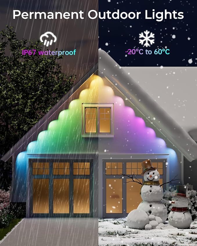 CINOTON Permanent Outdoor Lights 200ft, Smart RGBW+IC Eaves Lights with 120LEDs, IP67 Waterproof, 111 Scene Modes for Daily and Festival, Halloween Christmas Holiday Decor, APP/Voice/Remote Control
