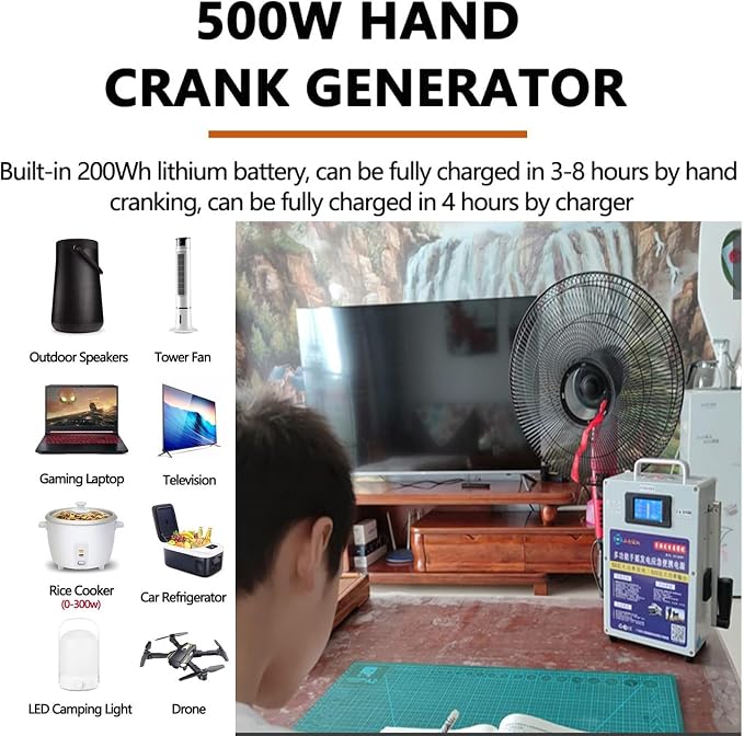 500W Hand Crank Generator - AC220V USB Port Charger Travel Emergency Manual Dynamotor, Portable Power Source for Outdoor Adventures, Camping