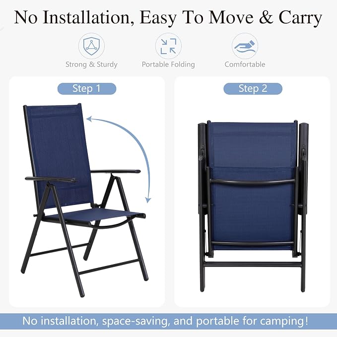 Sophia & William Patio Dining Set for 8, 8 Person Outdoor Dining Table Set Large Square Metal Patio Table and 8 Foldable Textilene Patio Chairs, Blue, 1.57"-1.9" Adjustable Umbrella Hole