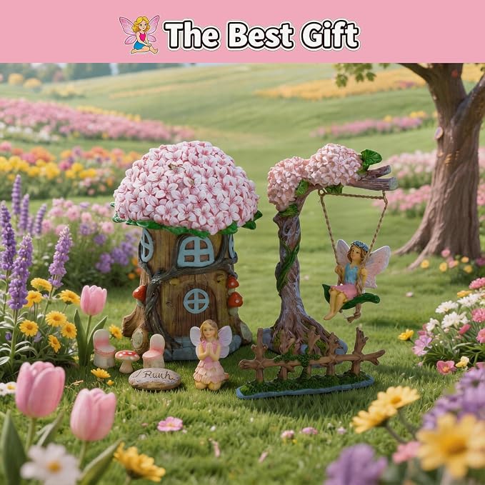 Miniature 8 Pcs Mini Garden Furniture, Fairy Garden Accessories Kit, Resin Figurines with Swing Set, Whimsical Theme, for Outdoor Patio, Yard, Lawn, or Desk