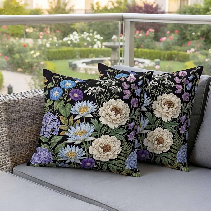 Water Lily Hydrangeas Ferns Outdoor Pillow Covers 26"x26" Set of 2, Botanical Vintage Waterproof Throw Pillow Covers for Patio Furniture, Decorative Cushion Covers for Porch
