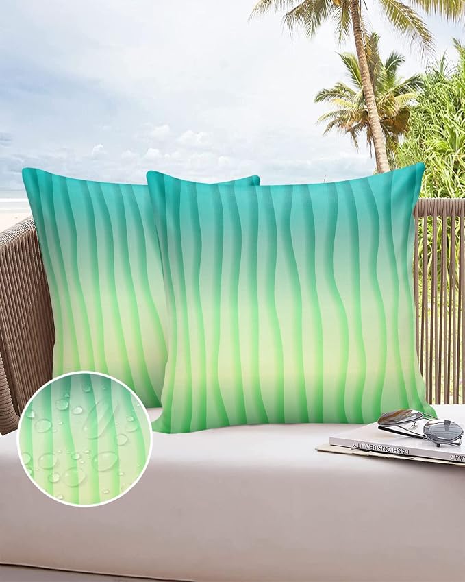 Outdoor Waterproof Pillow Covers Set of 2, Summer Abstract Geometric Gradient Turquoise Ocean Wave Patio Throw Pillow Covers, Decorative Cushion Case for Couch Sofa Furniture Garden, 26x26 Inch