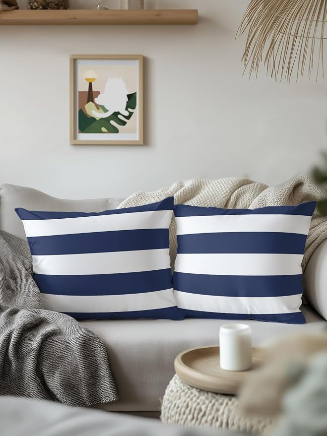 Waterproof Outdoor Pillow 1 Pack Navy Blue Stripe Decorative Throw Pillows Cover & Insert 16x16 Inch Pillowcase Simple Style Striped Square Pillows for Couch Sofa Bed Patio Furniture Indoor Outdoor