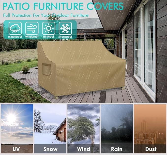 WLEAFJ Patio Sofa Cover Waterproof, 3-Seater Outdoor Sofa Cover, Heavy Duty Deep Lounge Loveseat Cover, Large Lawn Patio Furniture Covers with Air Vent, 78’’ W x 33’’ D x 32’’ H, Khaki