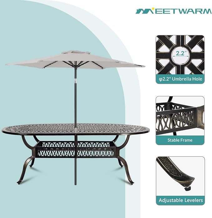 MEETWARM 9-Piece Outdoor Furniture Dining Set, All Weather Cast Aluminum Patio Garden Set with 8 Chairs,1 Oval Table, 2" Umbrella Hole, Dark Bronze