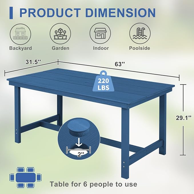 FUNBERRY Outdoor Dining Table, HDPE 6-Person Patio Table with Umbrella Hole | Wood-Grain, HDPE All Weather, No Rot or Rust or Crack, UV Fade Shield, 220LBS Weight Capacity, Easy-Clean for Outside