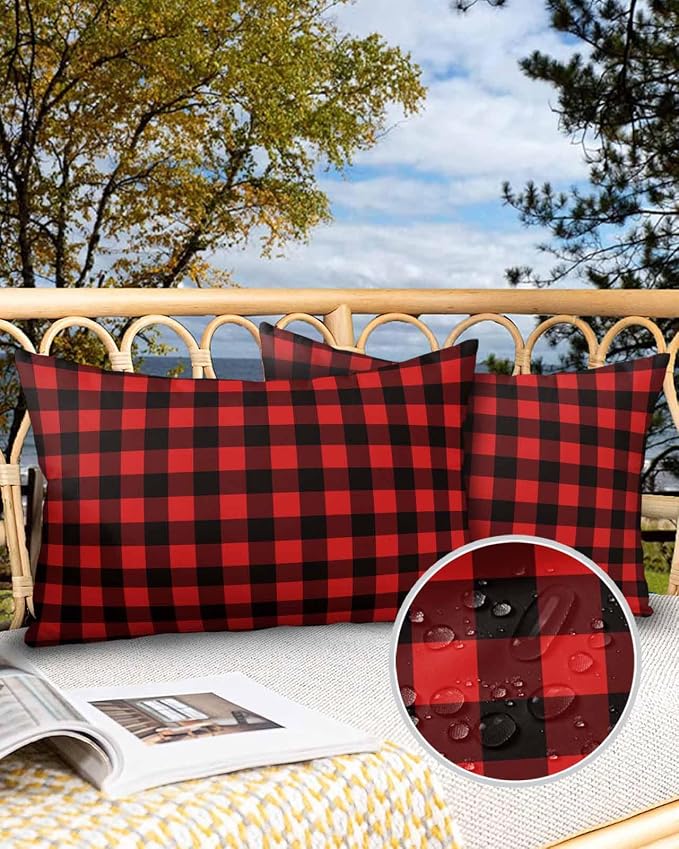 Outdoor Waterproof Throw Pillow Covers Set of 2 Red Buffalo Plaid Lumbar Pillowcases 20x12 Inches Pastoral Black Checked Decorative Pillows Cushion Case Patio Pillows for Couch Bed Chair Garden