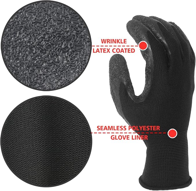 Evridwear Crinkle Latex Rubber Hand Coated Safety Work Gloves for Men Women General Multi Use Construction Warehouse Gardening Assembly Landscaping,Black X-small 120 Pairs Pack
