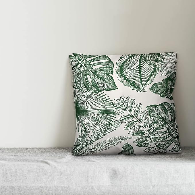 Green Palm Fronds Indoor/Outdoor Pillow | Decorative Pillows for Living Room Couch Bed Sofa Patio, Fluffy Soft Cushion | Water Resistant Green, 18x18