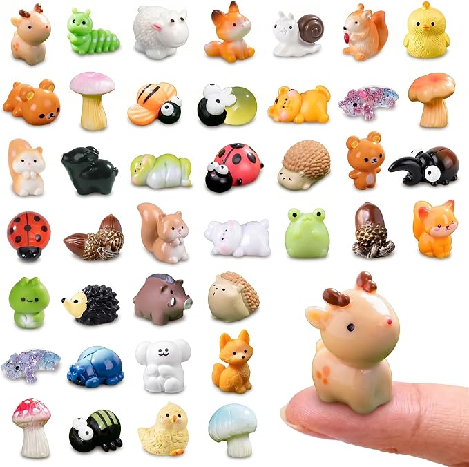 Zerobe 40Pcs Mini Forest Animal Figurines: Resin Fairy Garden Accessories | 40 Unique Resin Forest Animal Figurines: Small miniature garden figurines for DIY crafts, terrarium decor & mini displays.