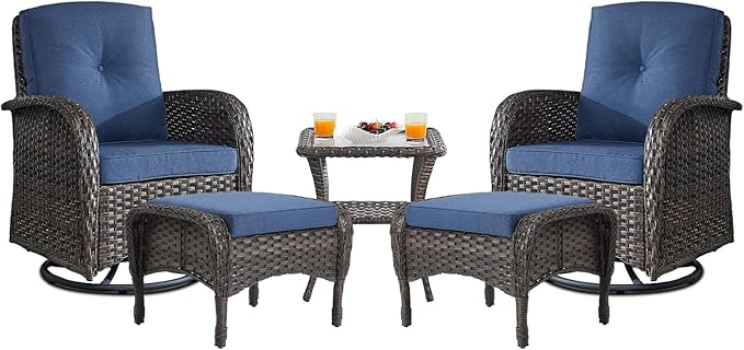 Belord Small Conversation Sets Patio Funiture - 5 Piece Outdoor Swivel Rocker Wicker Furniture Sets with Ottomans Side Table Perfect for Patio Deck Backyard, Brown Wicker Blue Cushion