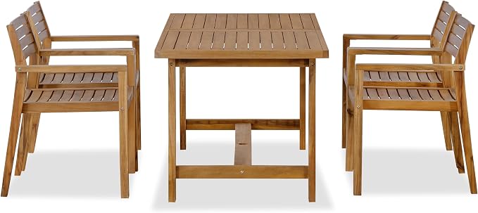 VilroCaz 5-Piece Outdoor Acacia Wood Outdoor Dining Set, All-Weather 59'' Rectangular Table with Umbrella Hole and 4 Armchair for Patio Lawn Garden Poolside (Natural-U27)