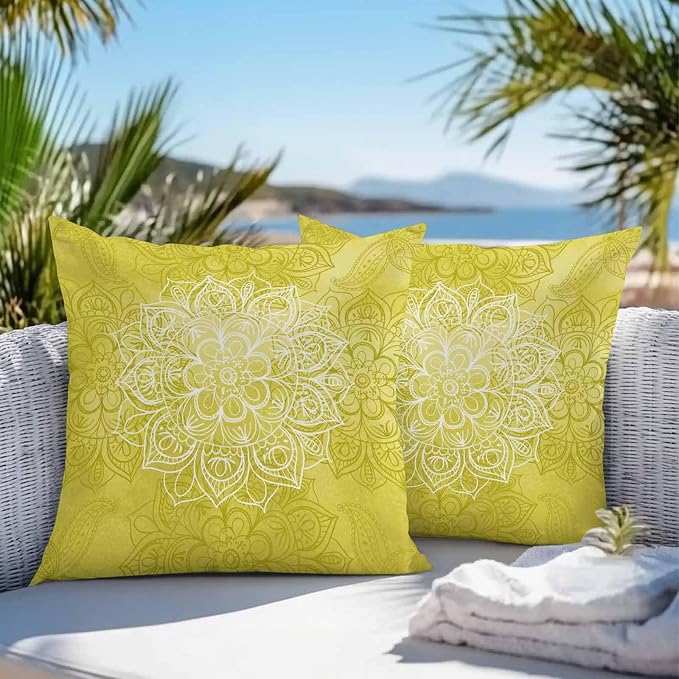 Vandarllin Outdoor Throw Pillows Covers 26x26 inch Set of 2 Waterproof Yellow Boho Floral Decorative Zippered Cushion Covers for Patio Furniture, Bohemian Flower Lumbar Pillowcases