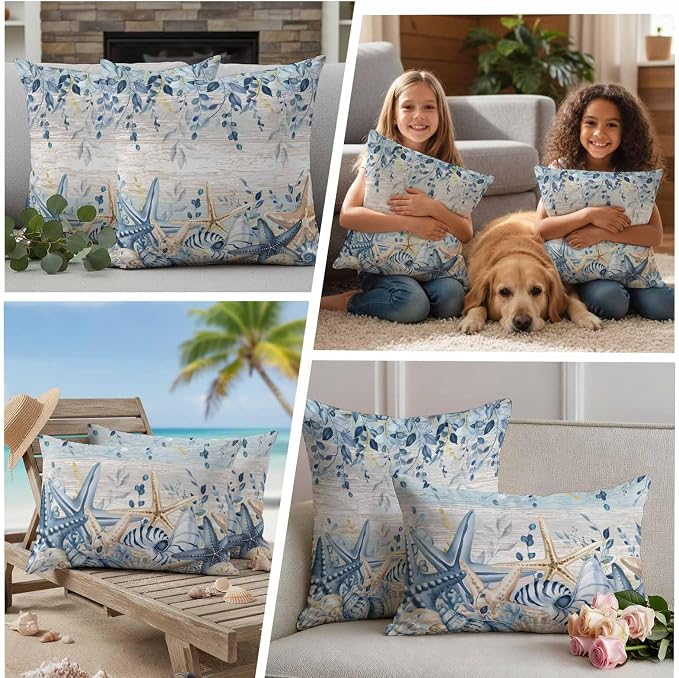 Marine Life Outdoor Waterproof Throw Pillow Covers Set of 2, 20"x20", Watercolor Blue Beige Starfish Shell Leaves Wood Decorative Pillow Covers Outside Cushion Case for Patio Porch Garden