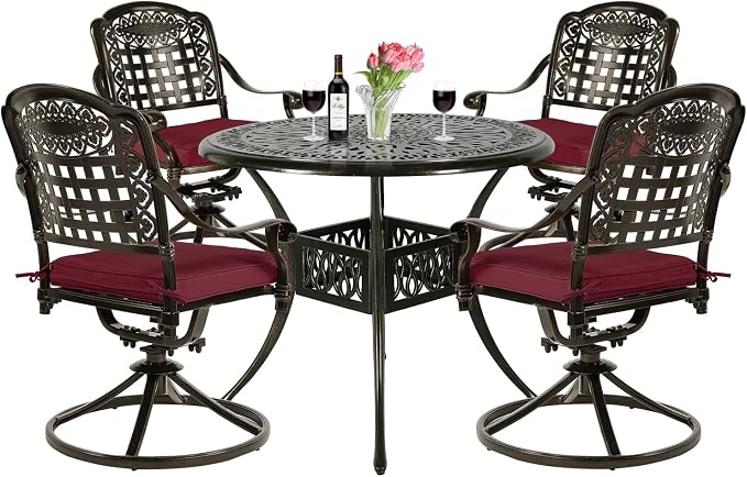 VIVIJASON 5-Piece Outdoor Patio Dining Set, All-Weather Cast Aluminum Conversation Set, Patio Furniture Set for Balcony, Include 4 Swivel Cushioned Chairs, 1 Round Table w/Umbrella Hole, Red Cushion