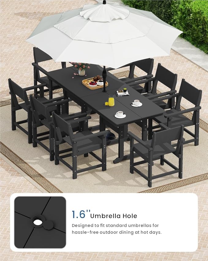 9-Piece HDPE Outdoor Dining Set, Weatherproof Patio Table and Chairs Set for 8, Includes 82.7'' Dining Table and 6 Armchairs, with Umbrella Hole (Black)