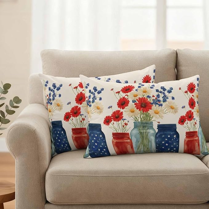 Independence Day Waterproof Outdoor Pillow Covers Set of 2 Home Decor, Red Blue Patriotic Poppy Flower Daisy Pillowcase Patio Pillow Covers for Couch Bench Furniture Garden 20x12in