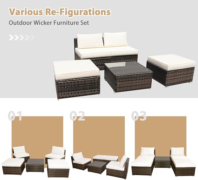 DORTALA Wicker Patio Furniture Set 5 Piece, Outdoor Conversation Sets with Chairs, Ottomans, Tempered Glass Table, Cushions, All Weather Rattan Sofa Couch for Balcony, Porch, Backyard, Deck, White