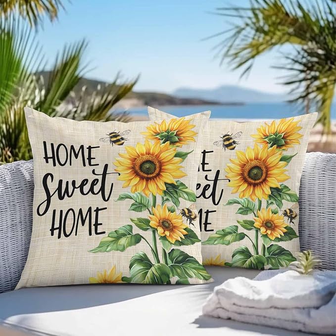Throw Pillow Covers 18x18 Inch Set of 2, Spring Sunflowers Waterproof Outdoor Pillow Covers, Bee Beige Farm Country Rustic Decorative Cushion Pillowcases for Couch, Sofa, Bed, Garden, Patio