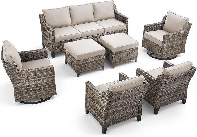 7 Piece Outdoor Patio Wicker Furniture Sets-High Back Outdoor Conversation Set Sectional Sofa with Wicker Swivel Rocker Patio Chairs,Thick Cushions Ottomans for Porch Balcony Patio Deck Grey/Beige